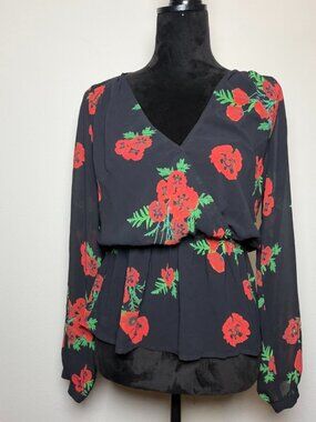 Express Small Black Red Poppy Floral Chiffon Peplum Blouse Lace Back